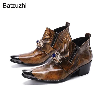 Batzuzhi Western Men ботуши обувки заострени железни пръсти кафява кожа глезена ботуши мъже цип 6.5cm високи токчета Botas Hombre, EU38-46!