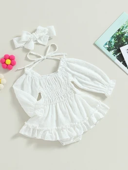 Baby Girl цветен печат гащеризон рокля с дантела детайли - очарователни Boho стил лятно облекло за бебета