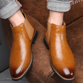 Мъжки класически ретро кожа Челси ботуши за мъж мода глезена мъжки случайни британски стил кратко обувка високи топ обувки капка доставка