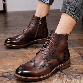 Кафяв британски стил Мартин ботуши мъжки страничен цип крава кожени обувки реколта глезена дърворезба дизайни мода полски бизнес ботуши