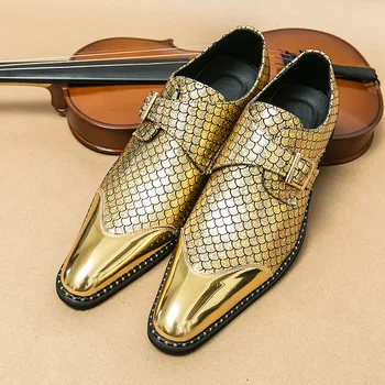 Марка Мъжка рокля Обувки златен блясък Мъжки официални обувки Мокасини Италианска кожа Луксозна мода Сватба Оксфордски обувки Мъжки обувки 46