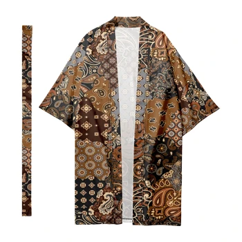 Мъжки японски дълго кимоно традиционни райе панели кимоно жилетка самурай халати кимоно риза юката яке наметало 7