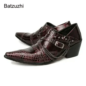 Batzuzhi 6.5cm високи токчета мъжки обувки японски тип кожена рокля обувки мъже вино червено Бизнес/парти/сватбени обувки с Chians