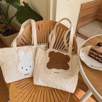 корейски INS карикатура сладък заек мечка платно чанта за жени голям капацитет купувач Totes студент клас OL работа рамо чанта