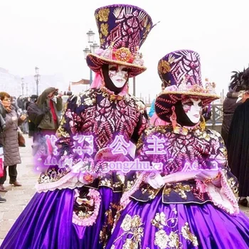 Лилаво Венециански търговци традиционен костюм Нощен клуб бар бизнес Хелоуин косплей национален карнавал печат рокля шапка маска