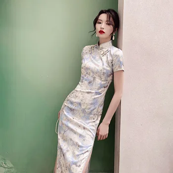 2024 нов стил темперамент ретро китайски стил френски cheongsam дълго модифициран Младо момиче рокля лято