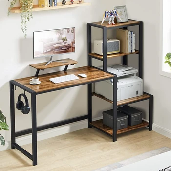 Компютърно бюро със стойка за принтер за съхранение Реверсивно домашно бюро с подвижна стойка за монитор и 2 куки за слушалки за Xi игри