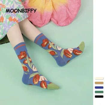 Нова модна тенденция цвете чорапи жени памук тръба чорап китайски harajuku ретро инс студенти сладък двойка чорапи за момичета Калцетини