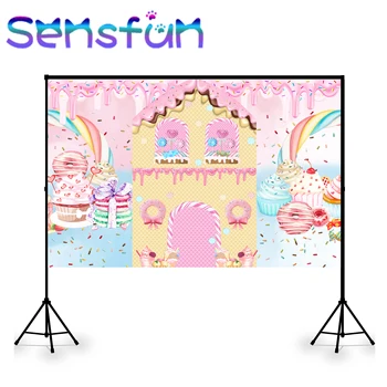 Sweet Candy Backdrop Girl Happy Birthday Party Decor Backdrops Colorful Pink Sugar Candy Jar Lollipops Banner Photo Background