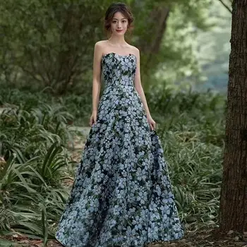 Дамска мода тръба Топ вечерна рокля дрехи Елегантен френски син цветен печат дълъг A-line парти облекло рокля