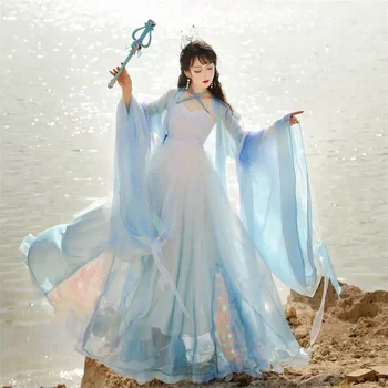 ханфу рокля жени карнавал косплей костюм тема парти облекло китайски древен традиционен ханфу рокля градиент синьо танц рокля