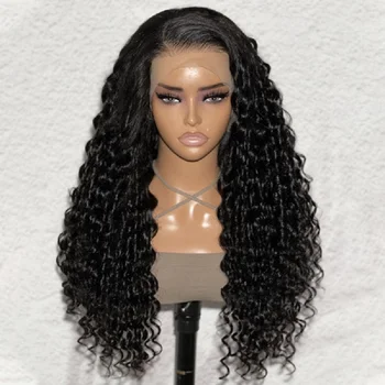 Soft 26InchNatural Black Long Kinky Curly Glueless 180% плътност Deep Lace Front перука за жени Babyhair Preplucked Daily Cosplay