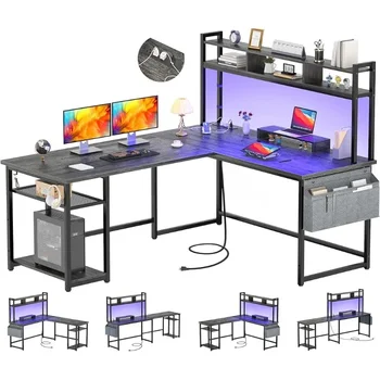  образно бюро с електрически контакт & LED лента, обратими L-образни ъглови компютърни бюра, игрално бюро с рафт за съхранение и стойка за монитор