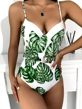 Bodycon Секси прилепнала до кожата дреха Дамски тиранти колан дизайн модерен костюм от едно парче, 2023 Нов отпечатан бански костюм Beach Resort