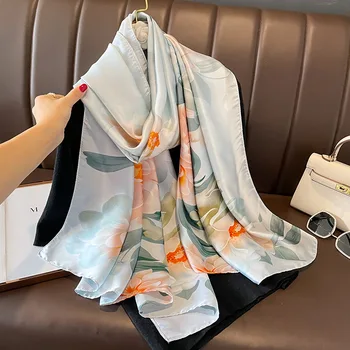 Луксозен печат Прахоустойчив Големи шалове Популярни слънцезащитни копринени бандани 180X90CM сатенено покритие шалове мода 2024 стил плажна кърпа