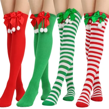 1 чифт коледни чорапи зелени червени райета Sox жени сладък Коледа парти косплей над коляното Bowknot дълги чорапи момичета Коледа подарък