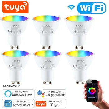1-10PCS GU10 Tuya WIFI интелигентни LED крушки RGB C + W бяла димируема лампа Интелигентен живот APP контролна крушка Работа с Alexa Google Home