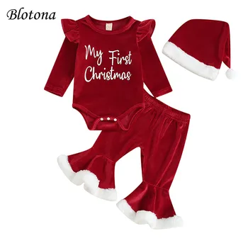 Blotona Infant Baby Girl Christmas Jumpsuit Outfits Letter Print Long Sleeve Гащеризон + Flare Pants + Hat Toddler Clothes 0-18M