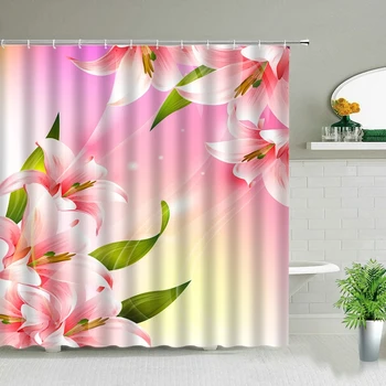 Лили душ завеса розов бял цвете растение баня душ завеса водоустойчива завеса начало баня декорация душ завеса