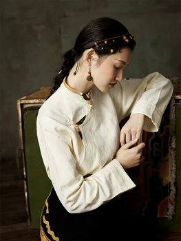Памучна и ленена дамска блуза Тибетско традиционно облекло Ежедневна яка риза Пролет и есен