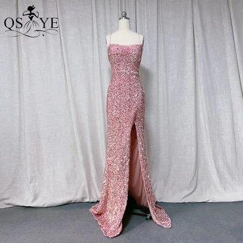 Розова дълга шаферска рокля Sqaure врата спагети презрамки абитуриентски бал рокля оглавник участък пайети кадифе отворен сплит жени рокля без гръб