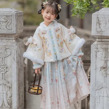Girls' Ханфу зимен стил китайски стил древна рокля детски Tang рокля бродерия лък дебел Нова година Нова година комплект зима