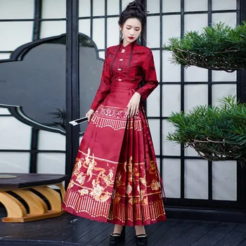 Нов китайски стил кон лицето рокля тост модифициран ханфу рокля булката сватба костюм дълъг ръкав жакард костюм