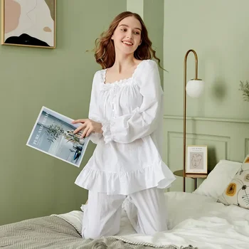 Pure памучни пижами комплекти жени бял реколта дантела квадратна яка дълъг ръкав сън върховете дъна блумери панталони принцеса спално облекло