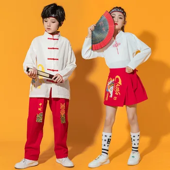 Китайска традиционна Нова година Ханфу бяла риза Топ червени панталони пола за момичета момчета сцена танц изпълнение костюм дрехи