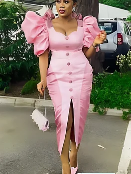 AOMEI парти Секси розови рокли жени висока цепка къс бутер ръкав бутон халати празнуват плюс размер събитие екипировки лято вестидос