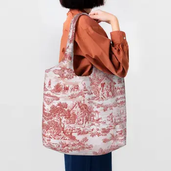 За многократна употреба реколта френски Toile де Jouy мотив модел пазарска чанта жени рамо платно голяма пазарска чанта миещи се хранителни стоки купувач чанти