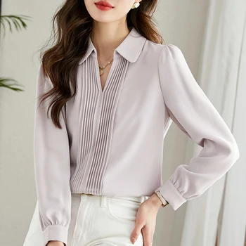 Елегантна мода Розова риза Жени 2023 Пролет Проста професионална блуза от шифон Long Slaeve Office дама Tops