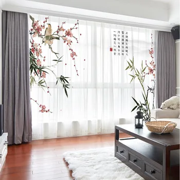 Завеси и завеси Двуслойни One-in-One затъмнение Нов китайски стил минималистичен марля завеса Всекидневна Спалня Балкон