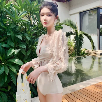 2021 Нов корейски стил жени спортен бански твърд бански костюм бански костюми подплатени бански костюм дълъг ръкав плажно облекло