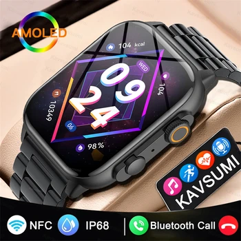 Man Smartwatch Жени Bluetooth повикване NFC Sports Fintess часовник AMOLED потребителски часовник лицето игра музика смарт часовник за мъже жени IOS