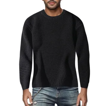 Дълъг ръкав есен и зима Нов мъжки пуловер плътен цвят плетена риза с вътрешен пуловер за мъже