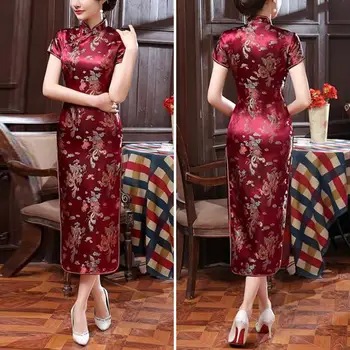 Soft удобни Cheongsam елегантен китайски национален стил флорални бродерия Cheongsam рокля със стойка яка високо за лятото