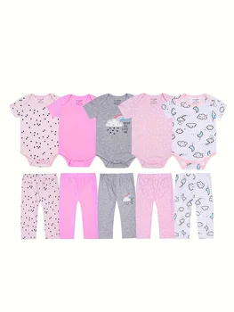 10бр Новородени бебешки дрехи бодита и панталони сладки детски дрехи розови дрехи за момичета бебе раждане подарък мек 0-12M