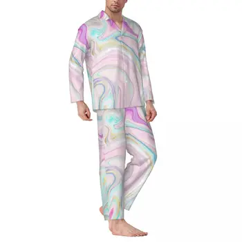 пижами мъже мрамор нощ нощно облекло колоритен течност 2 парчета случайни хлабав пижама комплекти дълъг ръкав модерен извънгабаритни дома костюм