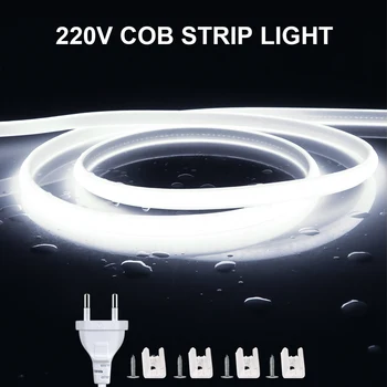 Super Bright 220V COB LED лента с превключвател FOB лента лента EU Plug 35M 30M 25M 20M 15M 10M LED светлини за кухненска стая декор