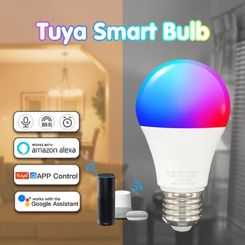 Tuya WiFi Smart Bulb Smart Life APP Control Регулируем 9W E27 RGB + C + W LED крушка цветна лампа Alexa Yandex Alice