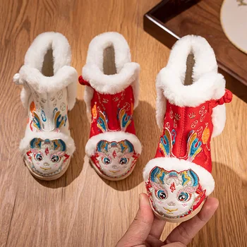 2024 Дракон Нови ханфу обувки за момичета Антични ботуши Детски бродирани зимни кадифе пола памучни обувки китайски стил