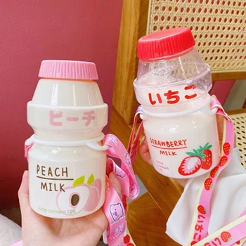450ml кисело мляко пластмасова бутилка за вода с каишка сладък картон Kawaii обиколка плодова бутилка за пиене на мляко преносима непропусклива сладка бутилка