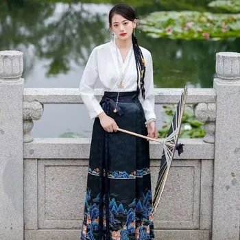 Hanfu модерен стил риза + плисирана Ma Mian пола ханфу китайска рокля бродерия жени Jk елегантен луксозен женски ханбок комплект