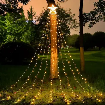 LED Слънчев коледен водопад Звездни светлини Външна водоустойчива украса на коледно дърво Слънчеви светлини Външен декор за сватбено парти