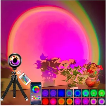 Smart Bluetooth нощна светлина Rainbow Sunset Projector лампа за дома кафе магазин фон стена декорация атмосфера настолна лампа
