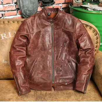 YR! Безплатна доставка. Cool мотор колоездач стил масло восък Horsehide яке, реколта тънък естествена кожа палто, кафяв ездач кожено палто