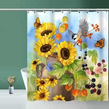 Слънчоглед Завеса за душ Зелени растения Цвете Плодова пеперуда Начало баня душ завеса Водоустойчива декорация