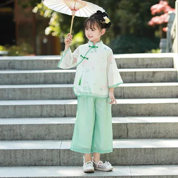 Китайски ханфу момичета зелено цвете печат отгоре и панталон костюм фея косплей костюм танц Tang костюм за деца