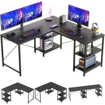 L оформено игрално бюро с рафтове 95.2 инчово обратимо ъглово компютърно бюро или дълга маса за 2 души за домашен офис